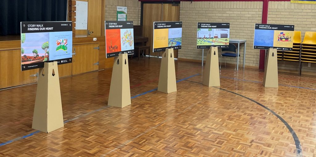 Colourful boards on stands in school hall