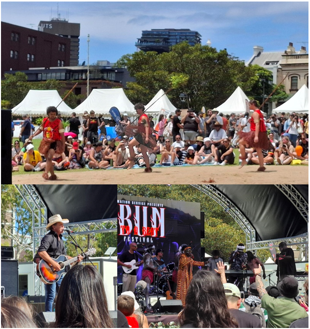 Three photos - dancers in front of a crowd, singer playing guitar, group of musicians.